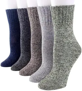 5 Pack Womens Vintage Winter Soft Warm Thick Cold Knit Wool Crew Socks, Multicolor, free size