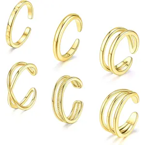 Toe Rings for Women Gold Silver Non Tarnish Adjustable Simple Open Band Summer Beach Foot Jewelry Fashion Smart Ring Set of 6pcs High Quality Copper with Gold Plated Shine