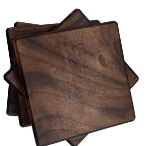 Wooden Drink Coasters SET OF 6 - Rustic Modern Home Decor, 4in Square, Solid Chestnut Wood, A taste of Wine Country for Dining Table, Living Room Decor, Bar Top, Penalizable
