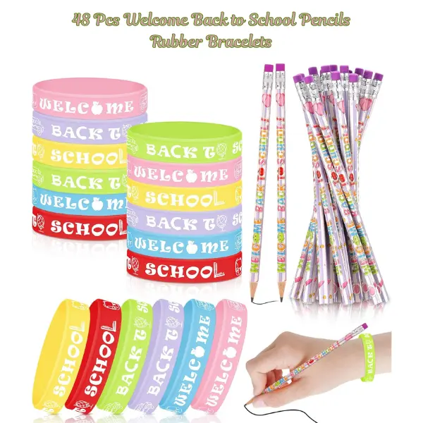 48 Pcs Back to School Gift Set – Pencils & Rubber Bracelets, School Supplies Party Favors for Kids, First Day of School Classroom Rewards, Kindergarten Teacher Incentive Pack