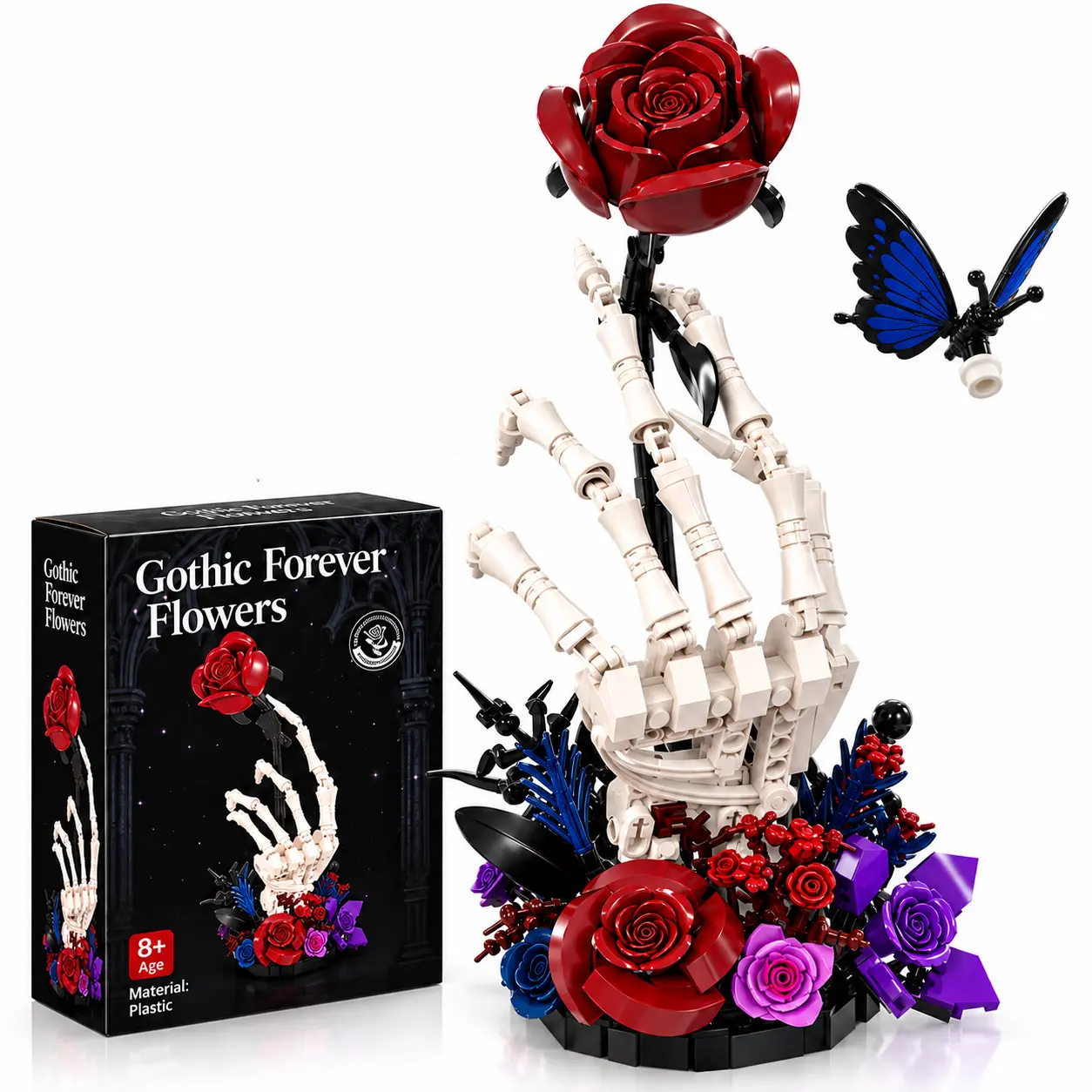 450PCS Gothic Skeleton Hand Building Blocks Set, 2-in-1 Rose & Butterfly Display, Dark Floral Decor for Desks & Shelves