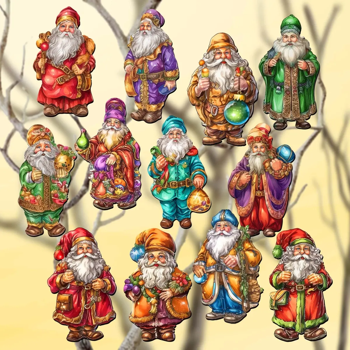 Designocracy 8090050C-S12 Jolly Cartoon Santa Wooden Clip-On Christmas Ornaments, 12-Piece Colorful Set (2x2x0.25in), Festive Tree Decor & Gift for Home/Festive Party Supplies, Christmas Decorations for Holiday Decorating