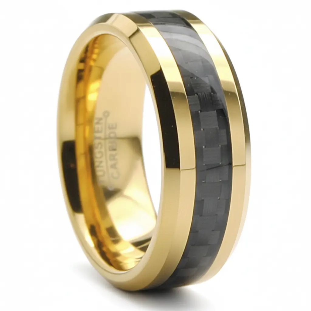 Male Fit Laser Engraved Men's Goldtone Tungsten Metal Ring - 8MM Wedding Band with Black Carbon Inlay, Sizes 7-15