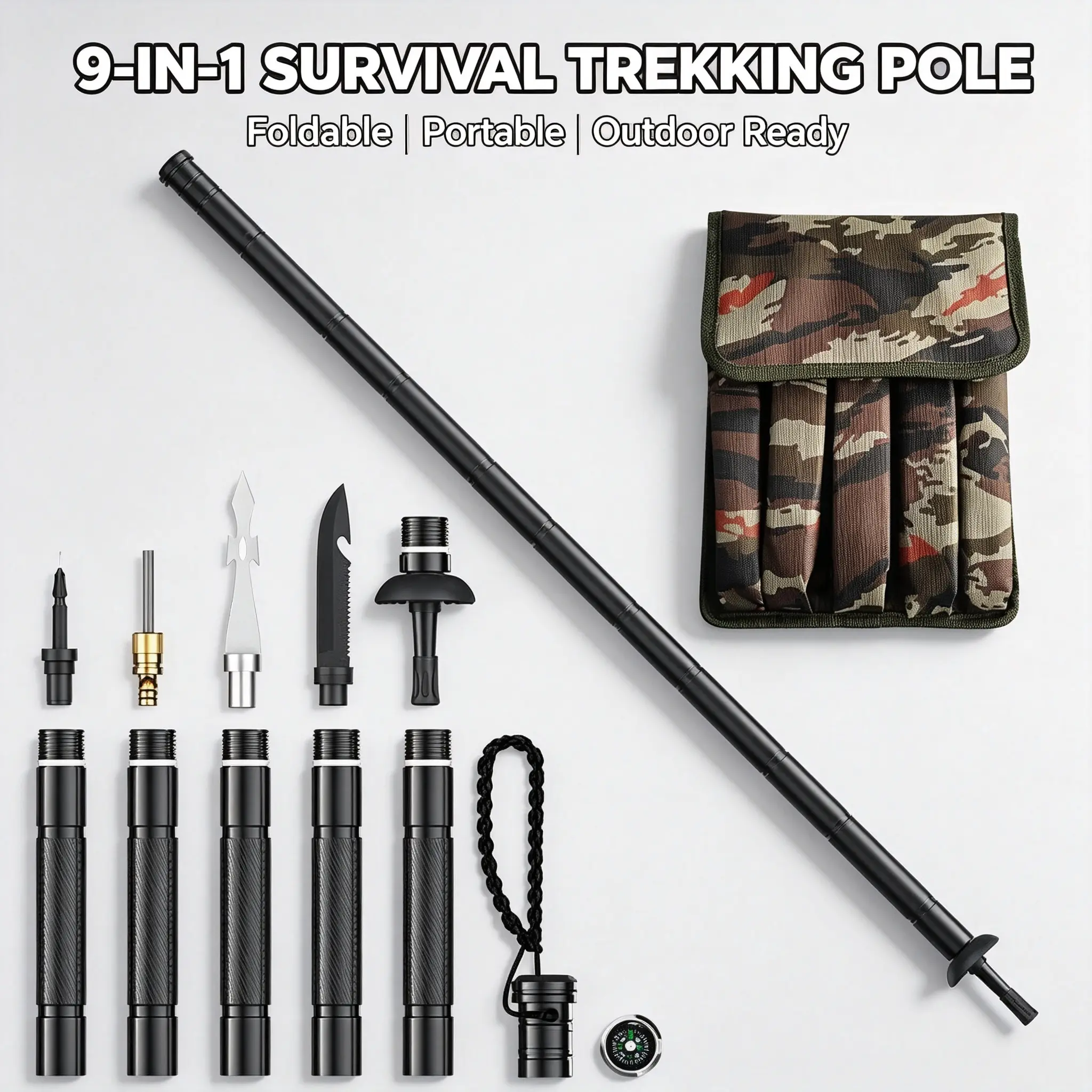6-Section Detachable Modular Hiking Stick, 9-in-1 Survival Multi-Tool Trekking Pole with Fire Starter, Whistle, Blade, Compass & Storage Pouch, Portable for Camping & Outdoor Emergencies