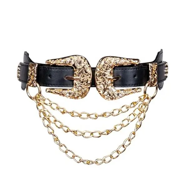 Womens Belt Chain Leather Belts Vintage Western Adjustable Elastic Double Buckle for Cowboy Pant Dress
