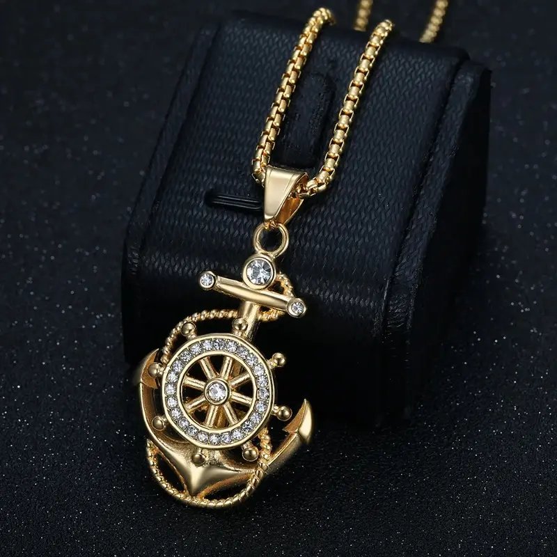 Titanium Steel Gold Plated Anchor Pendant Necklace Hip Hop Bling Chain Cubic Zirconia Stainless Steel Men Jewelry Gift for Husband Son Boyfriend