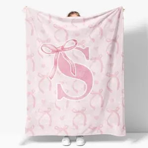 Coquette Pink Bow Throw Blanket,Personalized Initial S Soft Fluffy Cozy Flannel Blanket,Monogrammed Gifts for Daughter Women Teen Girls,Customized Blanket for Bedding Bedroom Office,50x60 Inches  Girl Gift Cute Pink