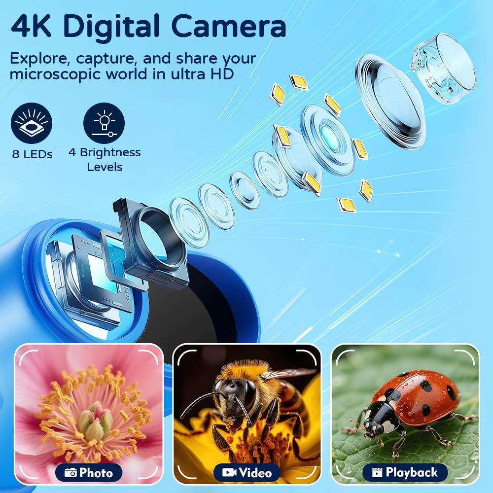 【2026 Upgrade】 1000X Handheld Microscope for Kids with 4K 2.0" Screen, Photo & Video Camera, Rechargeable and Portable, a Fun STEM Gift & Birthday Present for Ages 3+