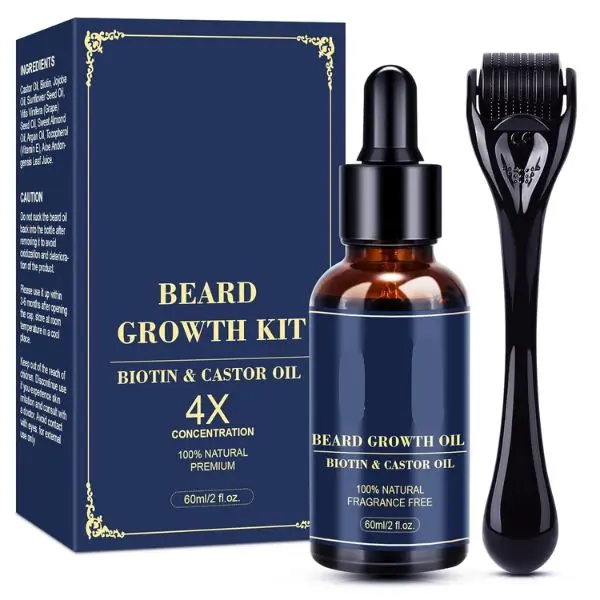 Father’s Day Gift for Men Beard Growth Kit with Upgraded Beard Growth Oil (2oz) with Biotin & Castor Oil, Beard Roller for Patchy Beard, Beard Care Kit for Men’s Grooming, Birthday Gift for Him, Boyfriend & Husband