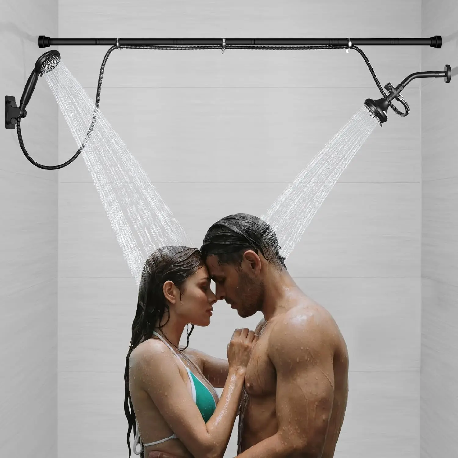 Double Shower   for Couples High  and Adjustable Tandem Shower  System for 2 People Matte Black
