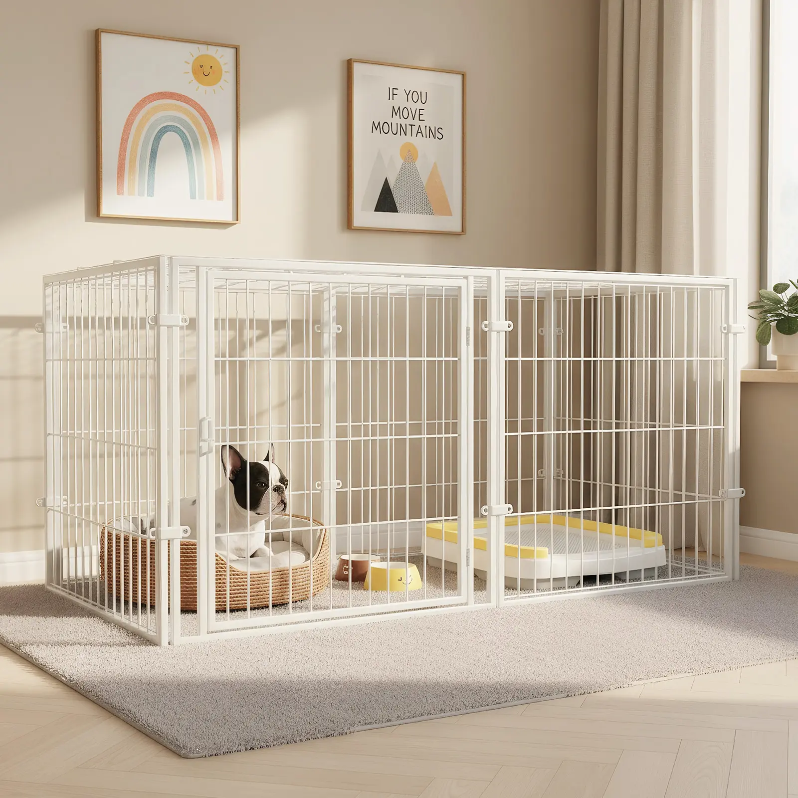 48-Inch Modern Iron Wire Small Puppy & Rabbit Playpen - Heavy-Duty Stackable Metal Grid Enclosure with Mesh, Double Fold, Easy-Assemble Portable Fence for Safe Enclosed Containment, Stairs Compatible