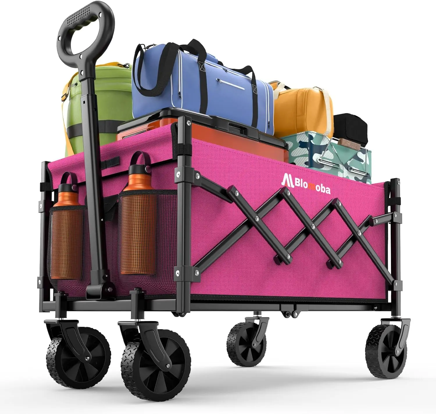 Collapsible Utility Wagon with Wheels, 220 lbs Capacity, Lightweight Foldable Cart with Flexible Handle for Grocery, Sports, Garden, and Camping - Portable Pink Shopping Cart Blomoba