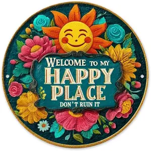 8-Inch Round Vintage Tin Sign - "Welcome to My Happy Place Don't Ruin It", Lightweight Hanging Aluminum Decorative Home Sign, Mountable Gender-Neutral Wall Plaque for Man Cave, Bar, Durable Home Supplies, Decorative Home Signs