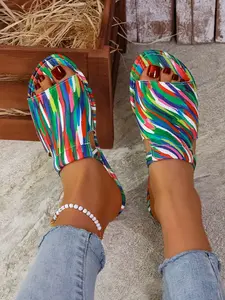 New Colorful Artistic Slip-On Sandals, Fashionable Sandals, Open Toe Slides, Women, Comfortable Flat Design, Easy On-Off, Open-Toe, Breathable, All Seasons Casual Footwear