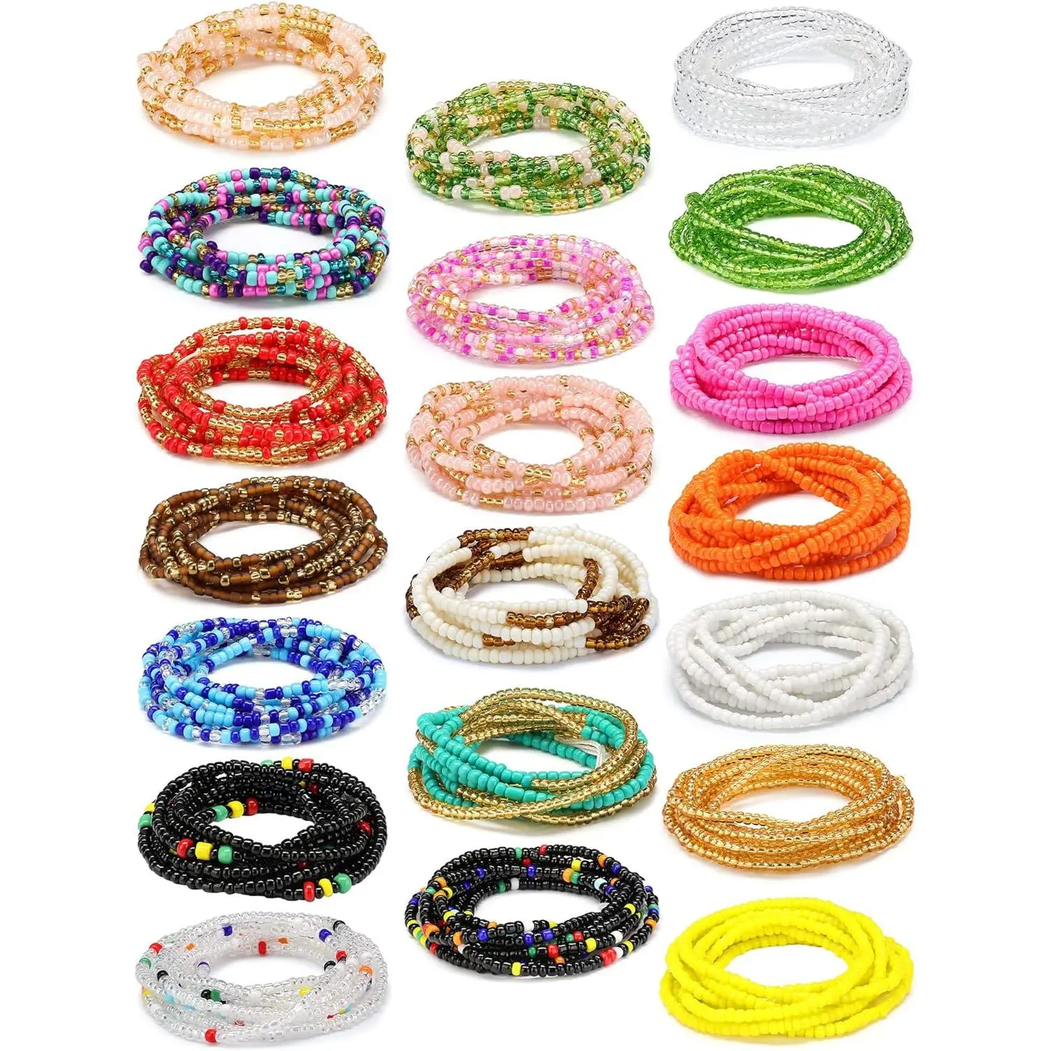 20-Piece Colorful African Waist Beads for Women, 50-Inch Plus Size Tie-On Glass Beaded Belly Chain Set, Layered Body Jewelry for Summer Beach