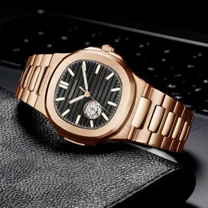 Rollar Golden Men's Mechanical Watch Rose Gold Stainless Steel Band Battery-Free Elegant Gift Watch