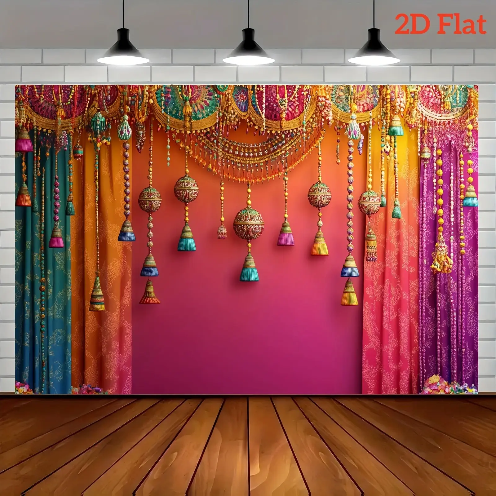 Indian Ethnic Style Party Backdrop Vibrant Tassel and Ornament Themed Banner for Memorable Event Photography and Festive Decor Geometric Design Bright Bold Colors Lightweight and Spacious Design