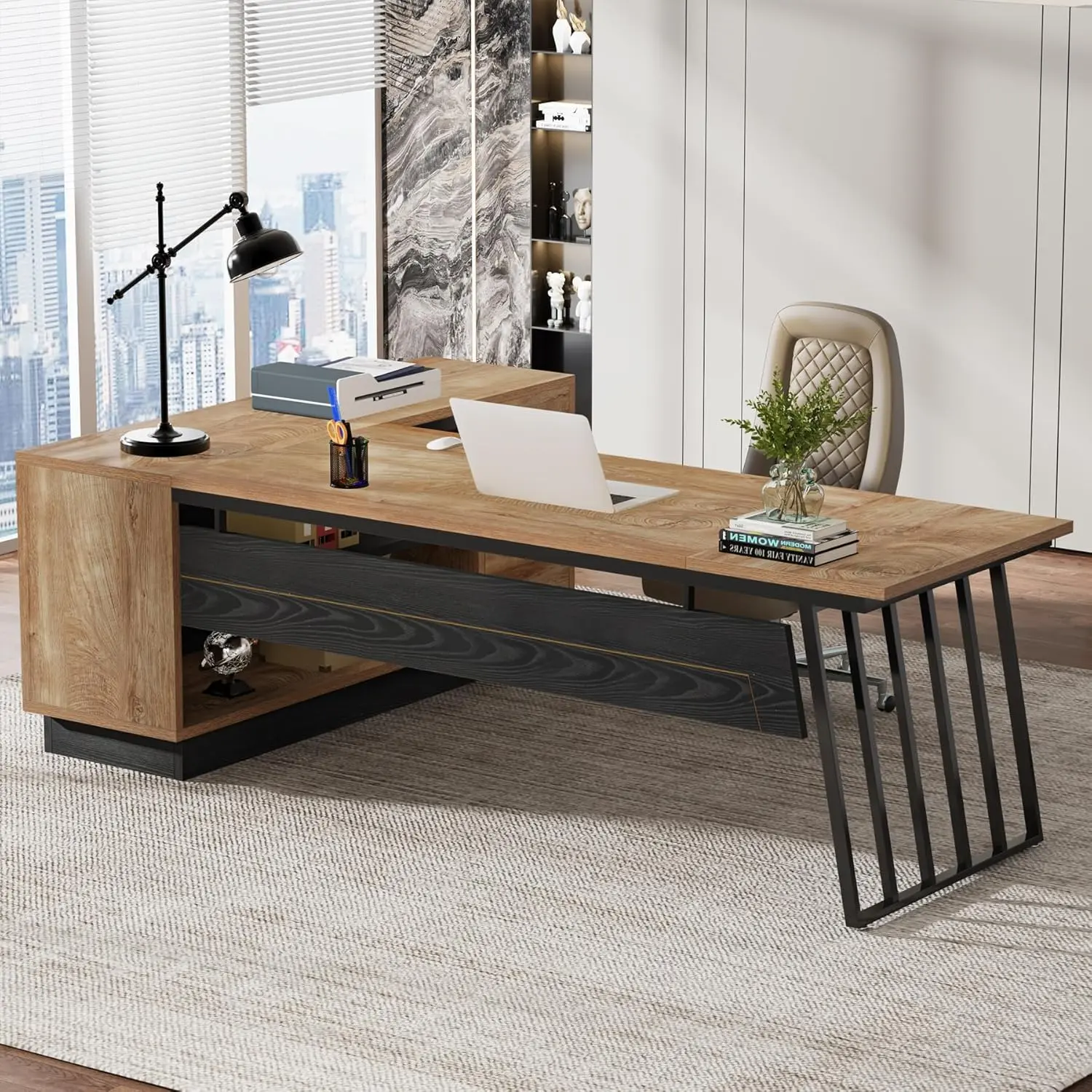 LITTLE TREE 71-Inch Executive Desk, L-Shaped Desk with Cabinet, Large Office Desk with Drawers and Storage Shelves, Writing Table Computer Desk for Home Office, Oak and Black