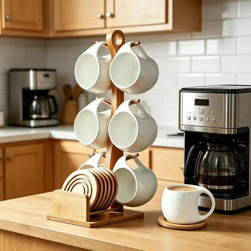 6 Piece White Ceramic Coffee Mug Set with Bamboo Mug Rack & Coasters, Countertop Cup Storage Holder for Kitchen Coffee Station Home Table Decor, Ceramic Mugs Set, Gift Idea,sohochic
