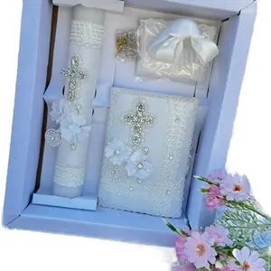 5pcs Baptism Candle set Ivory. Set De Vela Para Bautizo English & Spanish Christening Candle Traditional Ornaments