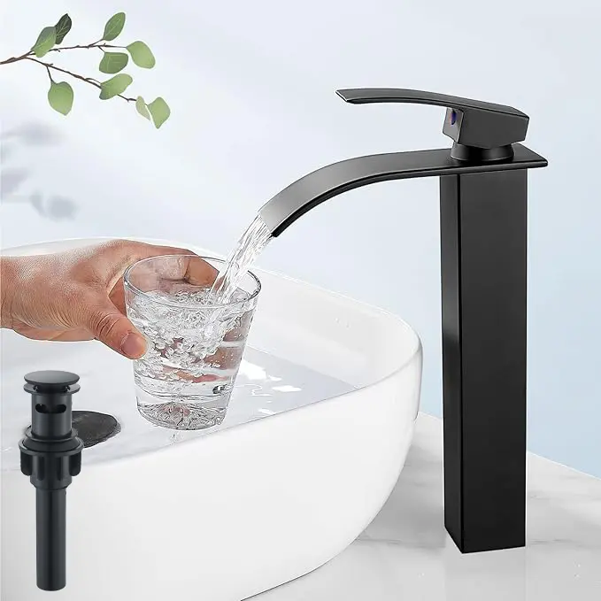 Matte Black Vessel Sink Faucet, Tall Waterfall Bathroom Faucet, Single Handle One Hole Mixer Bowl Tap with Wide Spout, Bar Sink Faucet Lavatory Vanity, 15.75 Inch Mixing Hot Cold Hose, Pop-Up Drain Included, Matte Black Or Polished Chrome