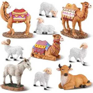 10 Pieces Christmas Nativity Animals Set 7 Inch Scale Resin Mangers for Animals 3 Camel, 1 Cow, 1 Donkey and 5 Sheep Nativity Scene Figurines, Handmade Indoor Christmas Decorations