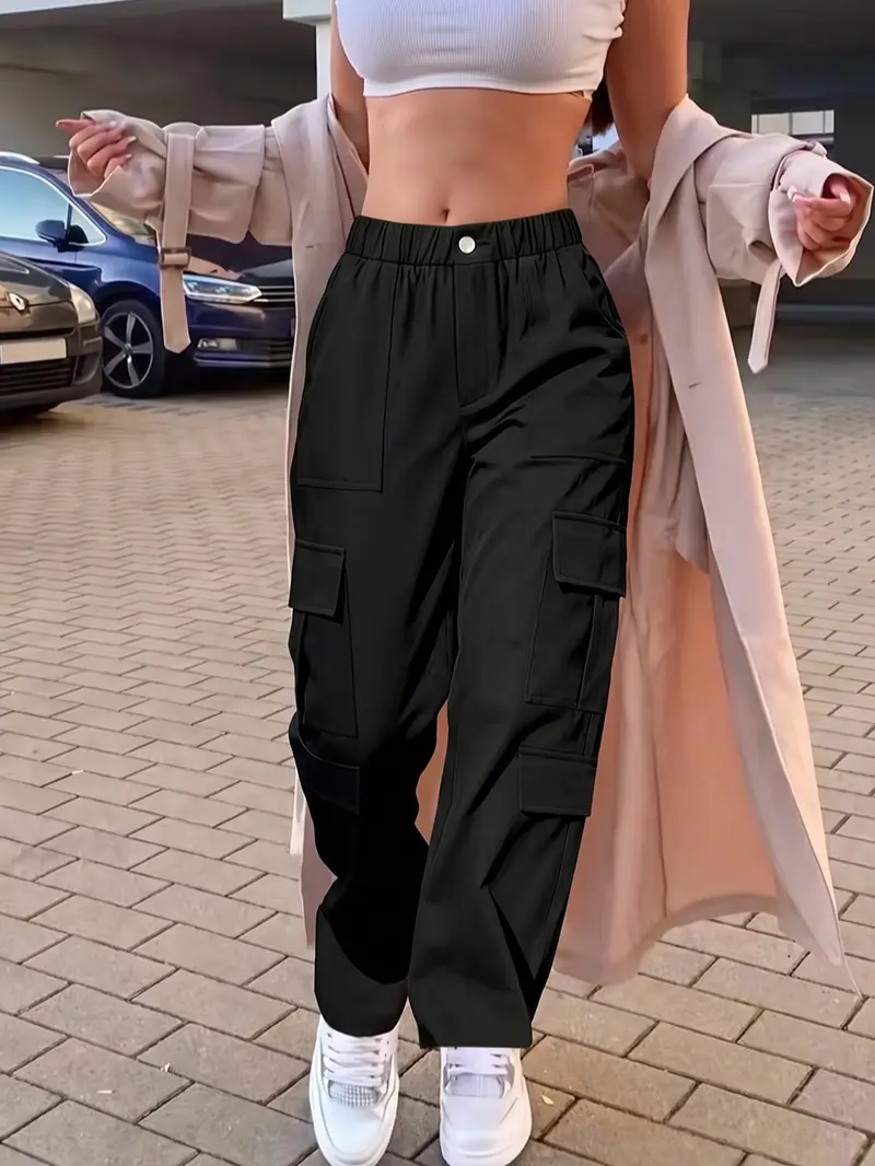 LIFE KEEPS MOVING Solid-color women’s high-waisted loose cargo pants with multiple pockets: casual, stylish, and comfortable; soft elastic waistband with drawstring; practical multi-pocket design; suitable for all seasons; women’s vintage street style; c