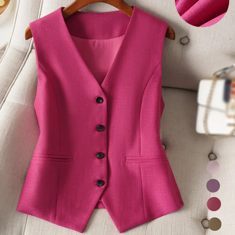 【Black Friday】Women's Solid Color Button Front Faux Pocket Suit Vest, Elegant Chic V Neck Sleeveless Outerwear for Office and Daily Wear, Ladies Spring & Fall Clothes