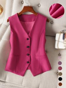 women's solid button front fake pocket vest blazer, elegant v neck sleeveless outerwear for work office business, ladies spring & fall clothes