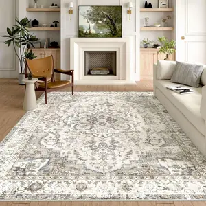 Washable Area Rug 8x10 - Large Cream Boho Rugs for Living Room Soft Vintage Bedroom Rug-Thin Farmhouse Oriental Distressed Carpet Non Slip Rug for Dining Room Guest Room Home Decor