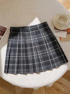 Black & Gray Plaid Pleated A-Line Mini Skirt, Color-Block Diagonal Plaid Skirt, Preppy Style, Y2K, American Retro, Hot Girl Style, Commute & Casual Style, Fit, Ideal for daily outings, afternoon tea, dates, music festivals and other occasions