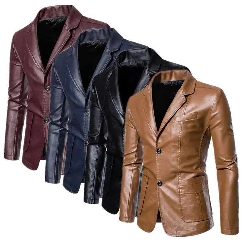 2025 New Men Business Casual Leather Jacket Black / khaki Fashion Male Suit Collar Coats Large Size 5XL Slim Fit Top