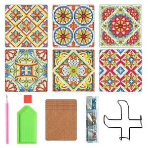 Mandala Coaster Kit, Square Diamond Painting Drink Mats with Stand and Gift Box for Boho Table Decor