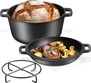 2-IN-1 Pre-seasoned Cast Iron Camp Dutch Oven (5qt Pot & 2qt Lid), Joyfair Non-stick Cookware & Skillet Lid Set with Stand Rack, For Roasting Stewing Meat Baking Sourdough Bread, Indoor & Outdoor Use