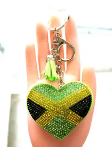 Rhinestone Jamaica Flag Heart Keychain | Bling Jamaica Souvenir Gift | Crystal Beaded Bag Charm with Tassel | Caribbean Pride Accessory