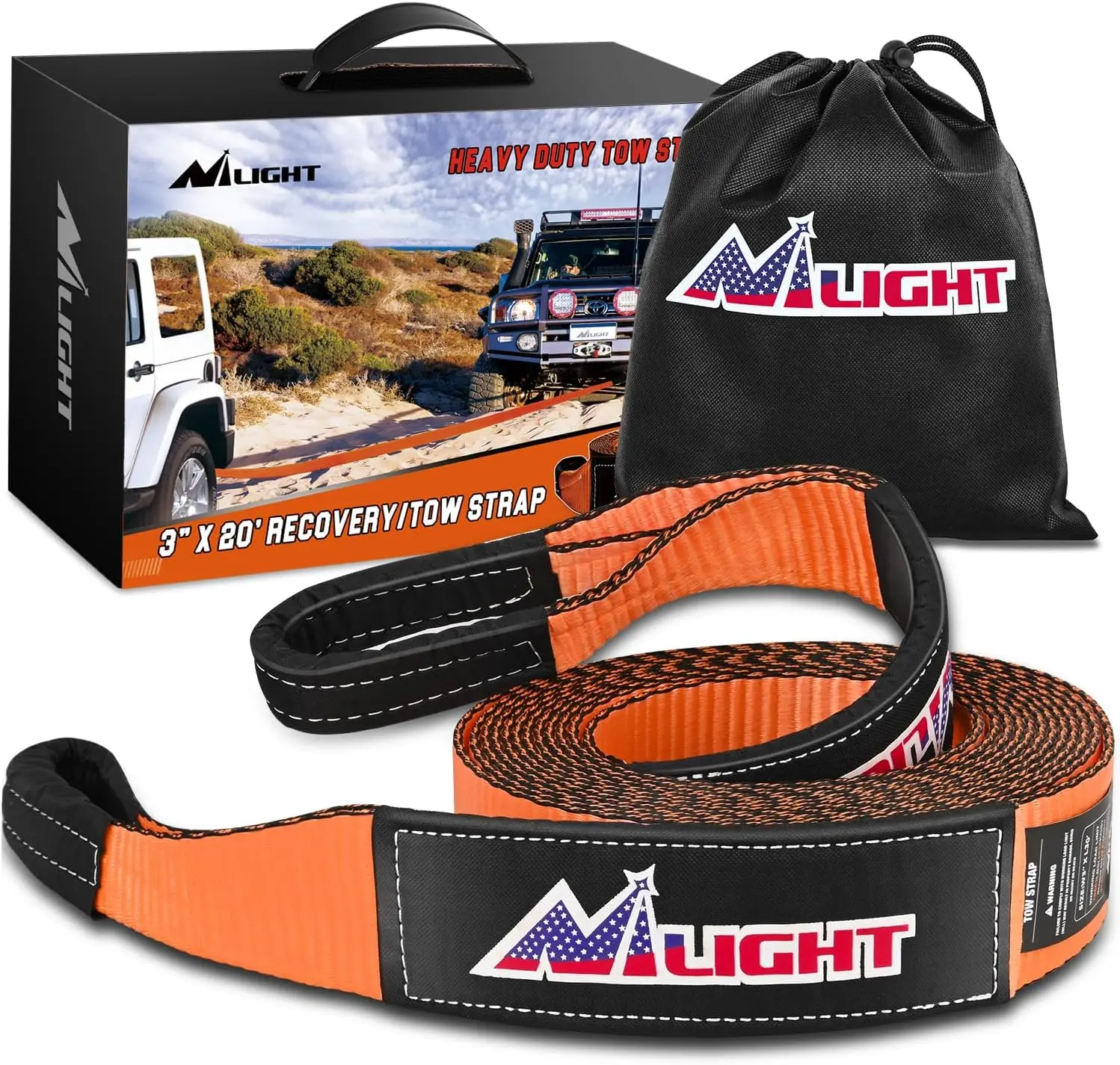 Nilight Car Vehicle Recovery Tow Strap, 3x20ft High-Strength Polyester Fiber, 31500lbs Lab-Tested Break Strength, Triple-Reinforced Loop, Rugged Protective Sleeve, Withstands Road Vibrations, Drawstring Bag Included for SUVs, ATVs, Boat Car