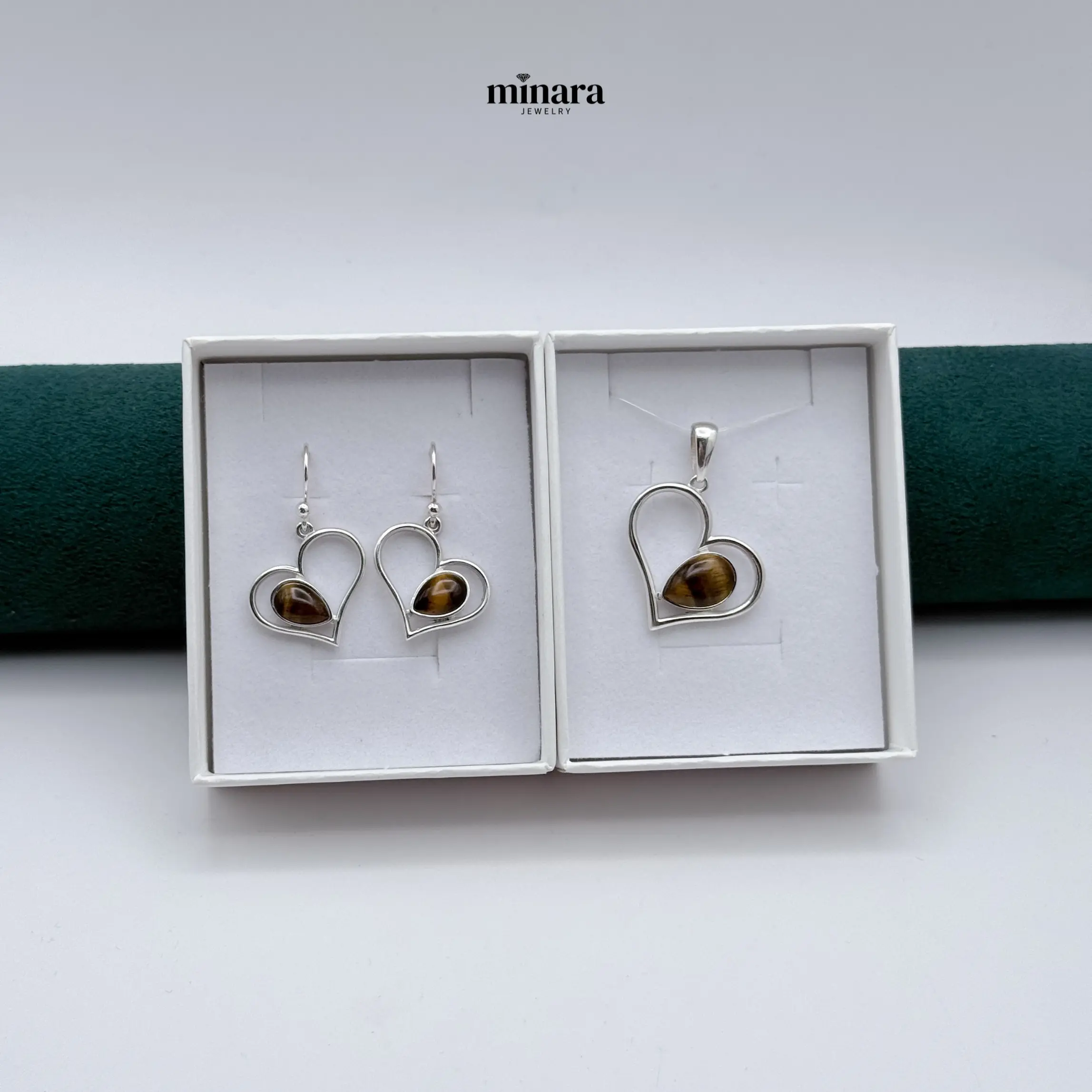 MINARA 950 Silver - Set Corazon Gota Ojo De Tigre