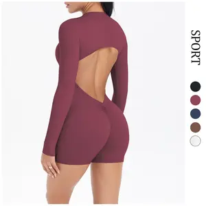 Long Sleeve Workout Romper for Women, Zip Front Open Back Cutout Yoga Bodysuit, Tummy Control Butt Lifting Athletic Jumpsuit, Ruched High Waist Gym Short One-Piece, Buttery-Soft 4-Way Stretch Nylon-Spandex Fabric, Moisture-Wicking Breathable Activewear,