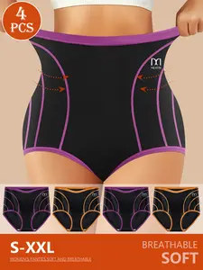 QUASTI 4 PCS High-Waist Elasticity Breathable Seamless Sports Briefs for Women, Color Blocking Fashionable Soft Underwear, Lightweight Anti Roll Edge Panties, gift for ladies, S-XXL