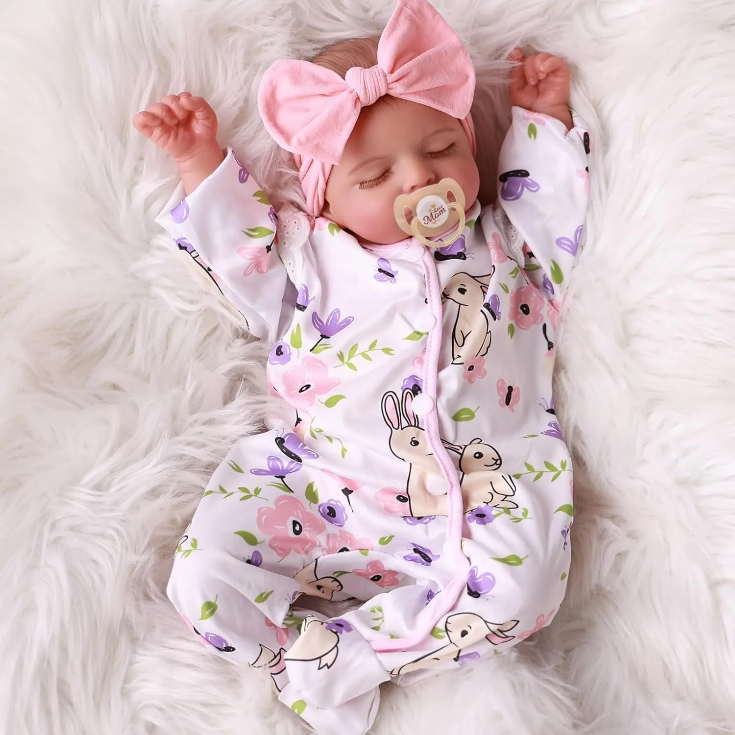 BABESIDE 20-in Realistic Newborn Sleeping Reborn Baby Doll Rosalie - Soft Fabric Body with Pink Bow, Included Accessories, Pretend Play Toy, Birthday Gift for Girls, Dolls