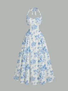 Women's Elegant Floral Jumpsuit, Digital Print Strapless A-Line Fitted Waist, Long Sleeve Formal Party Dress, All Seasons Wear