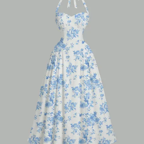 Women's Blue & White Floral Print Halter Neck Dress, Boho fashion dress, Boho Casual Elegant, slim-fit A-line dress with fitted top and loose hem, semi-formal slip dress, soft breathable fabric, perfect for vacation brun, Summer, Casual Wear
