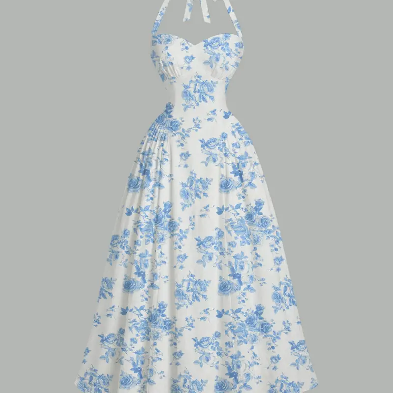 Women's Blue & White Floral Print Halter Neck Dress, Boho fashion dress, Boho Casual Elegant, slim-fit A-line dress with fitted top and loose hem, semi-formal slip dress, soft breathable fabric, perfect for vacation brun, Summer, Casual Wear