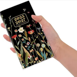 2025-2027 Floral Pocket Calendar - Black Cover with Colorful Flower Design for Scheduling
