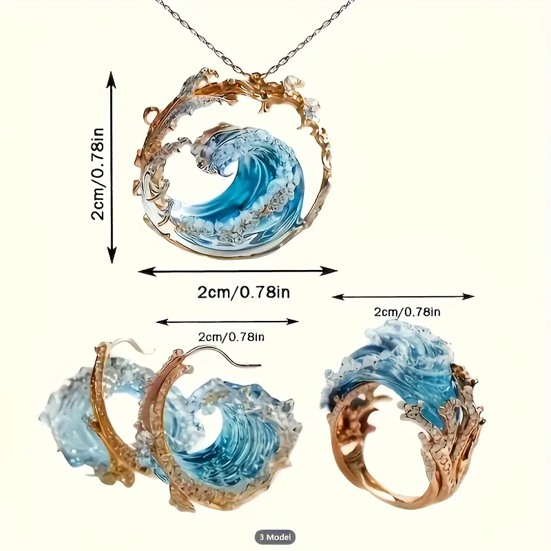 A 3pcs Bohemian-style Ocean Wave Jewelry Set For Women - An Elegant Blue Wave Necklace With Stud Earrings And Rings, Decorated With Golden, Perfect For Beach-themed Gifts And Beach Accessories | Elegant Jewelry Set | Detailed Wave Design