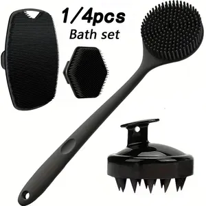 1/4pcs Shower Brush Set, Used for Back, Body, and Scalp Massage, Gentle Frosted Long Handle Body Brush, Silicone Soft Bristles, Skin Cleansing Effectively Removes Dead Skin, Non Slip Grip, Exfoliating Shower Scrubber, Silicone Bath Brush