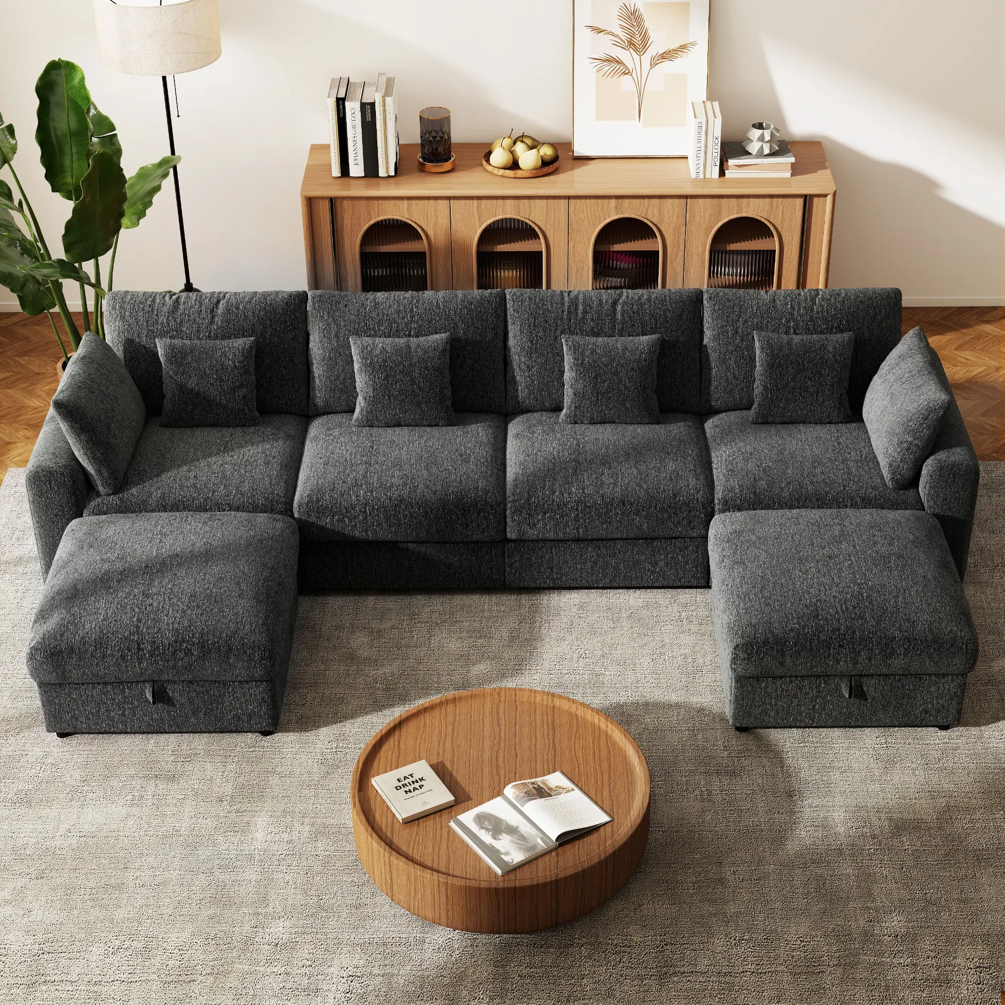 GuroMagicSofa 140" Extra Large Modular Sectional Cloud Sofa with 2 Removable Storage Ottoman, Extra Deep Seat Couch, Living Room Furniture, Chenille Beige comfort