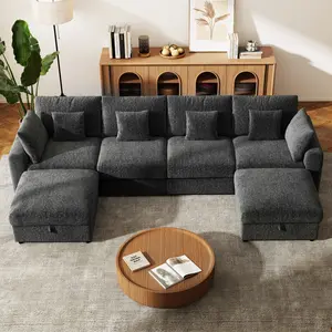 GuroMagicSofa 140" Extra Large Modular Sectional Cloud Sofa with 2 Removable Storage Ottoman, Extra Deep Seat Couch, Living Room Furniture, Chenille Beige