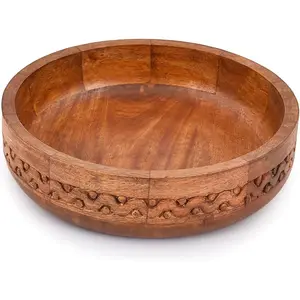 Mango Wood Decorative Round Carved Bowl, Centerpiece Bowl for Table Decoration (10" x 10" x 2.5")
