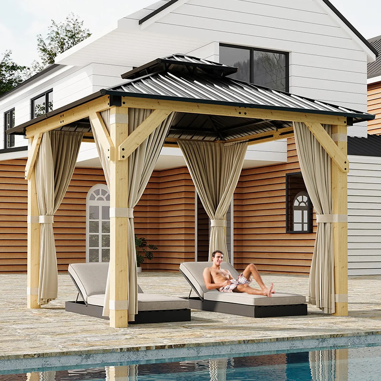 10x10 FT Superior Hardtop Wood Gazebo, Double Metal Roof, Heavy-Duty Spruce Frame with Netting & Curtains, All-Weather Outdoor Pavilion for Patio, Backyard, Deck, Lawn, Garden